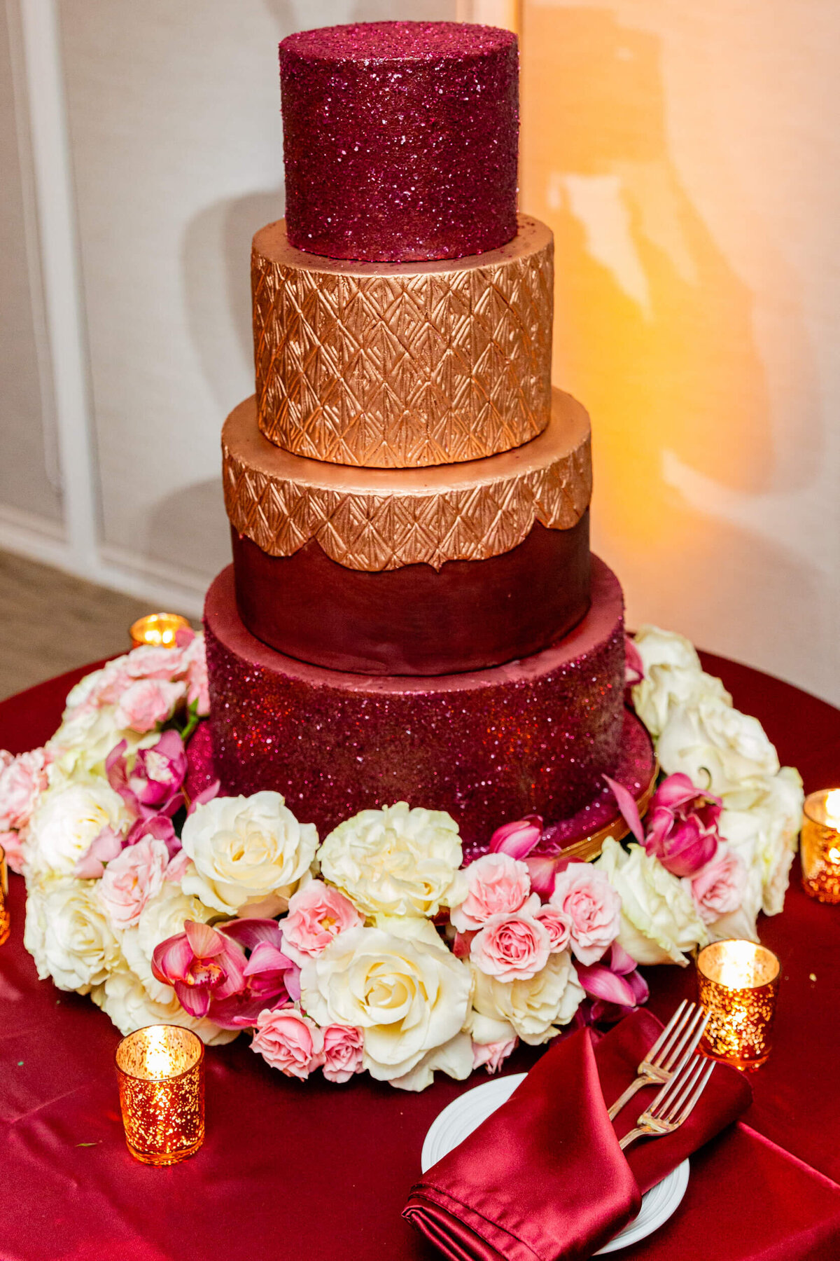 Gold Wedding Cake With Maroon Swags  CakeCentralcom