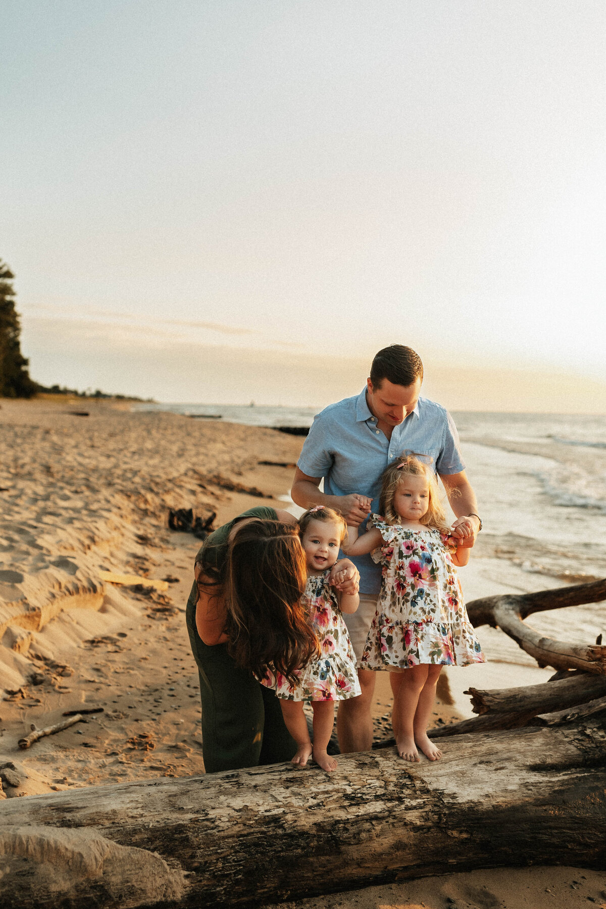 family poses on logs near water on st joseph michigan beach
