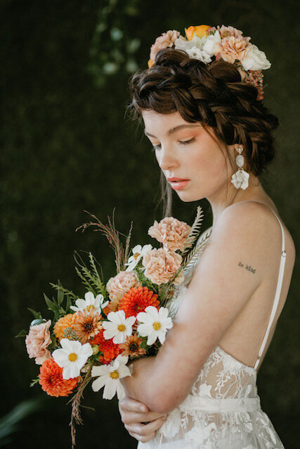 Modern and trendy braided crown by Fox Hair, elegant and trusted Calgary, AB wedding hair stylist, featured on the Brontë Bride Vendor Guide.