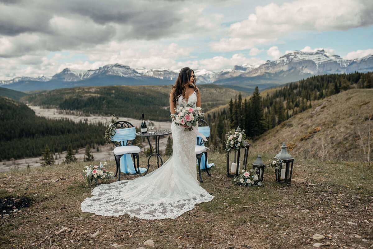 Bride standing with mountain background