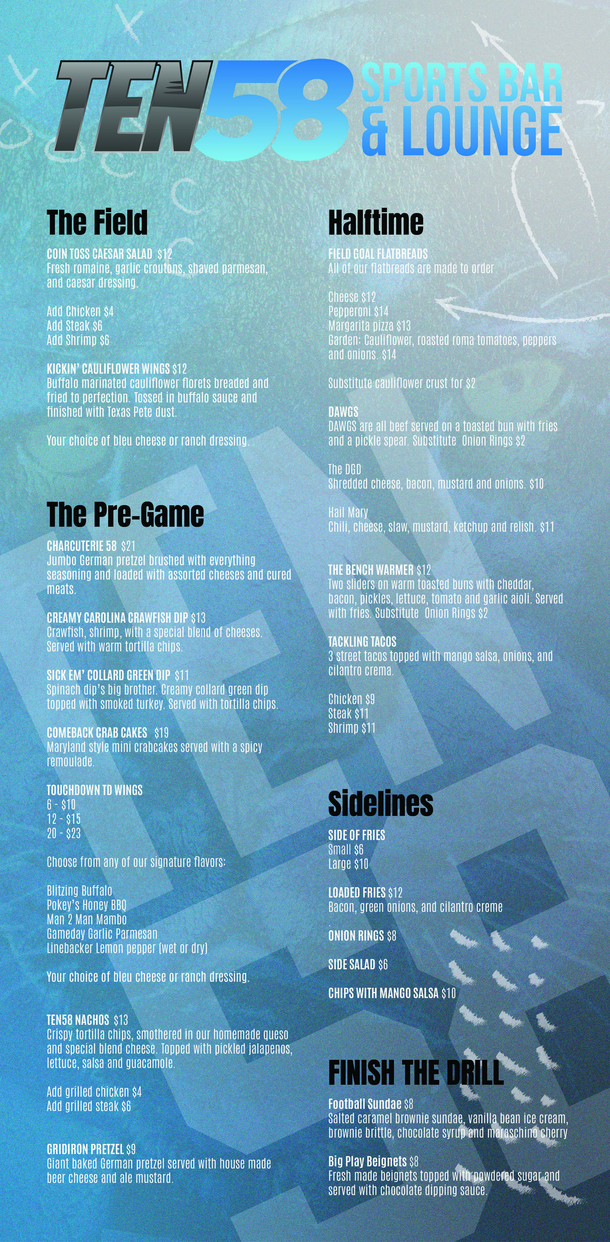 MENU Ten58 Sports Bar and Lounge Charlotte NC