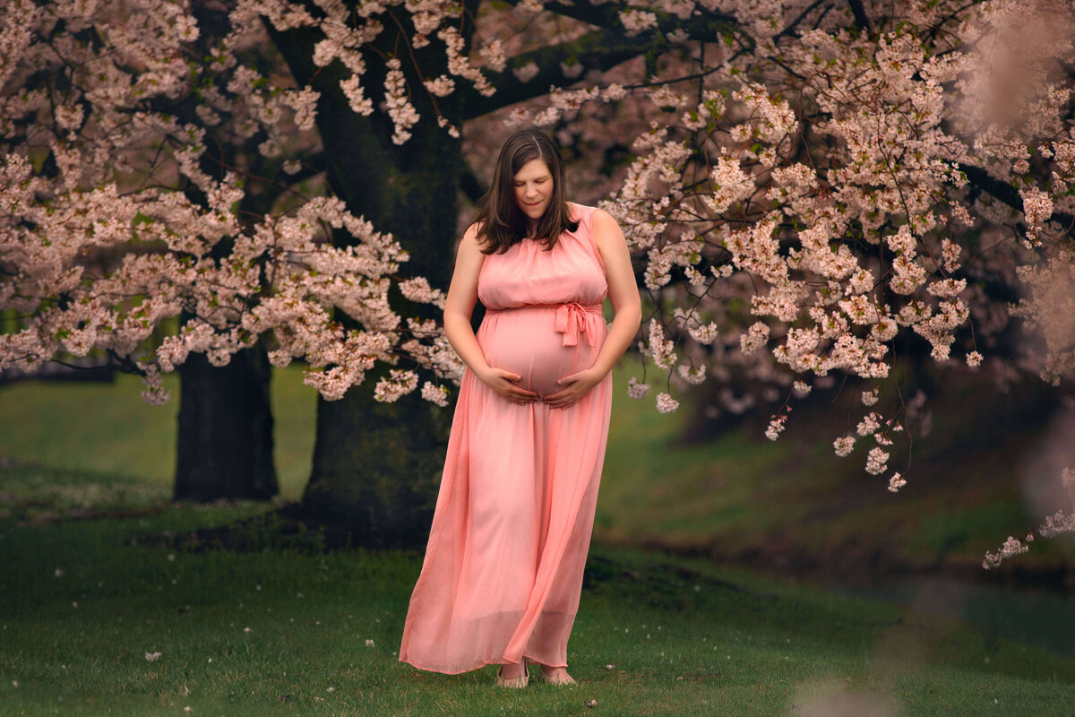 Pregnant mom in cherry blossoms