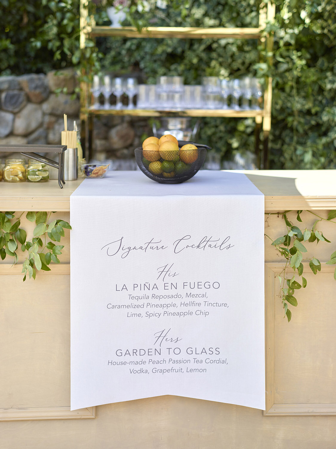 annadel-estate-elegant-sonoma-winery-wedding-signature-drink-menu-paper-table-runner