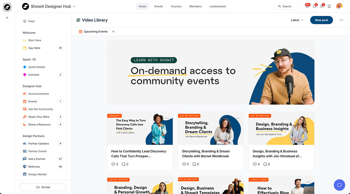 Interface view of the Showit Designer Hub video library with several community event thumbnails, including talks on branding, design, business strategy, and client communication. A banner at the top reads ‘On-demand access to community events’ with a host speaking into a mic.