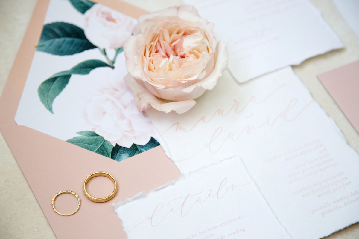 Pink envelope with rose liner and custom hand lettering