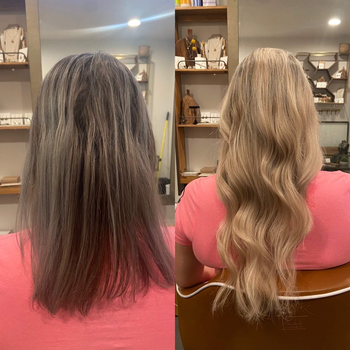 Hair extensions before and after transformation representing natural looking results and increased length and volume.