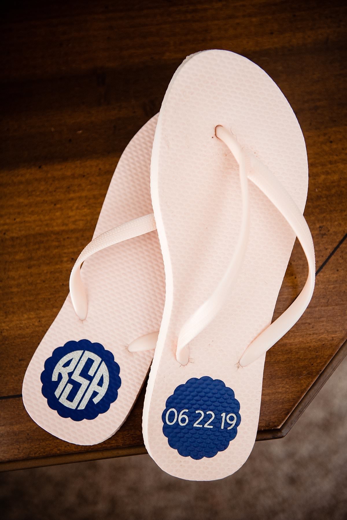 Pink flipflops with clue monogram and wedding date
