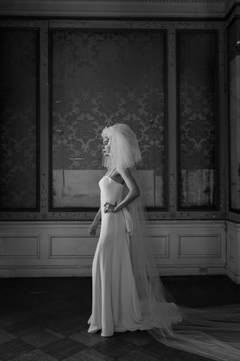 black and white portrait of bride in mansion
