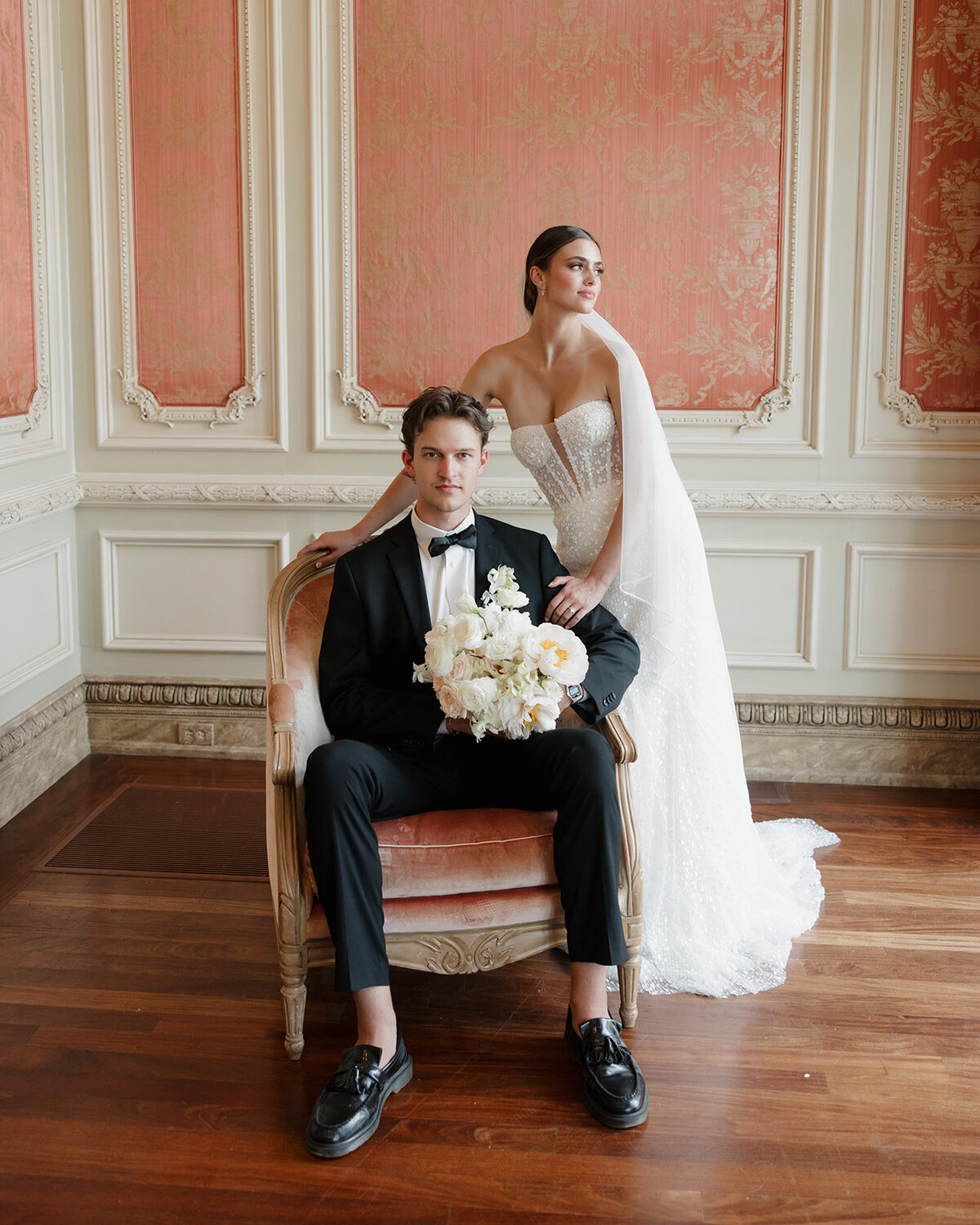 bride and groom pose for Vogue wedding magazine