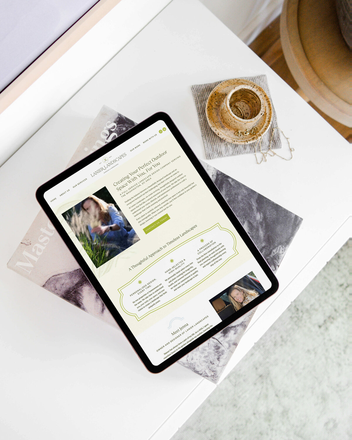 Elegant web design for a garden brand with soft tones, clean layout, and strategic copy built to attract high-end landscaping clients.