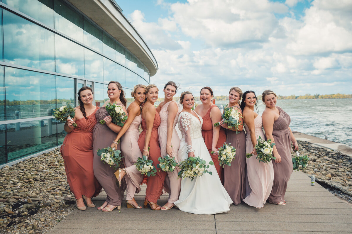 Bridesmaids posing for photos outside the Bayfront Convention Center in Erie PA.