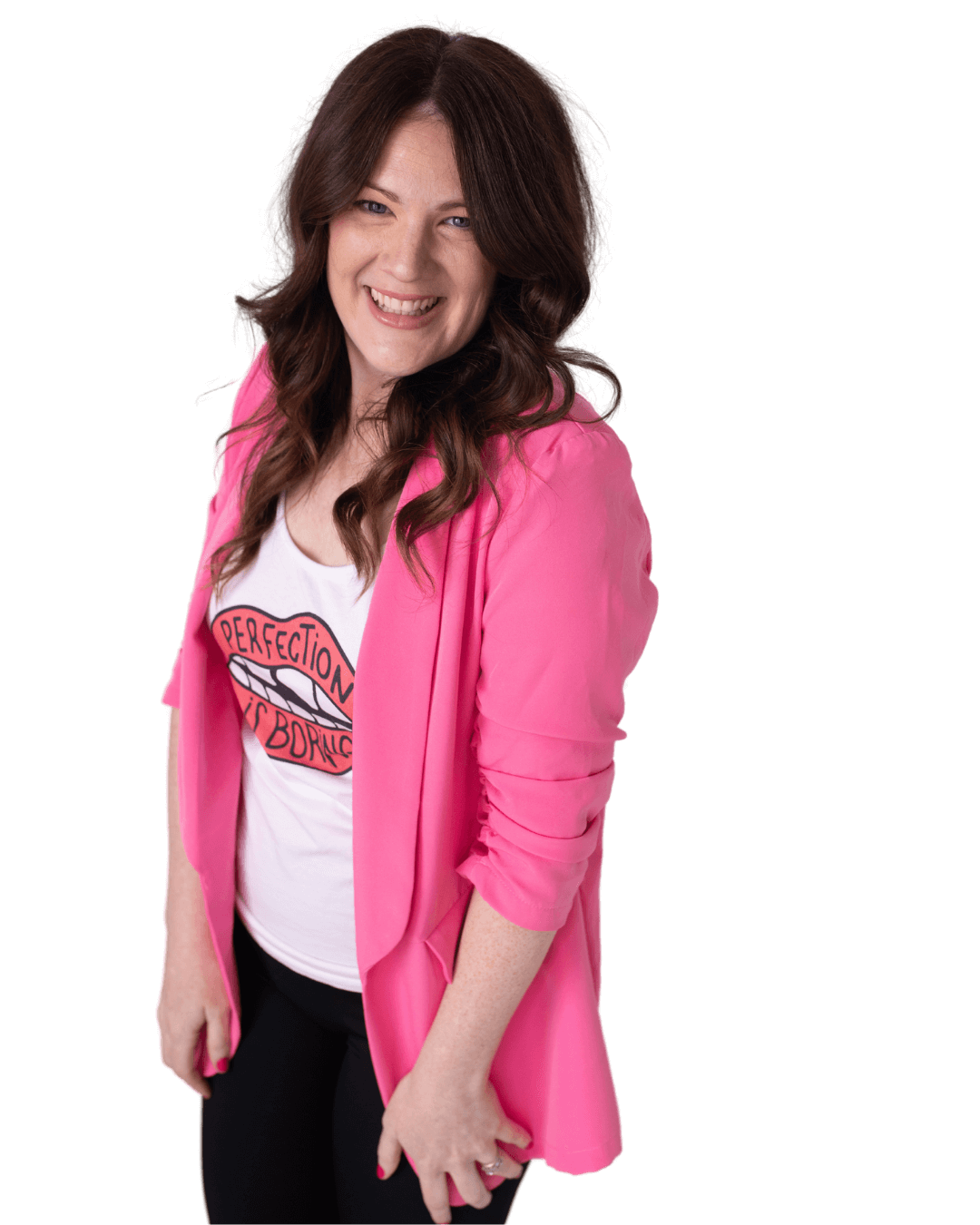 Emily, a brand and web designer, stands in a pink dress, microphone in hand, ready to share her ideas.