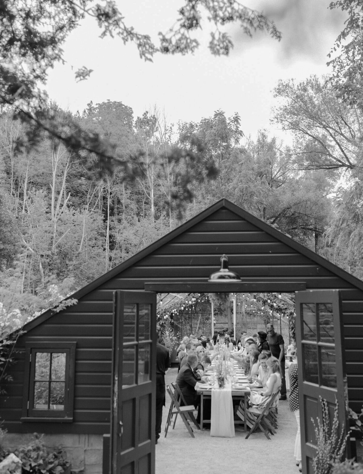 wedding dinner in greenhouse, Glass House wedding in Zeeland, Michigan