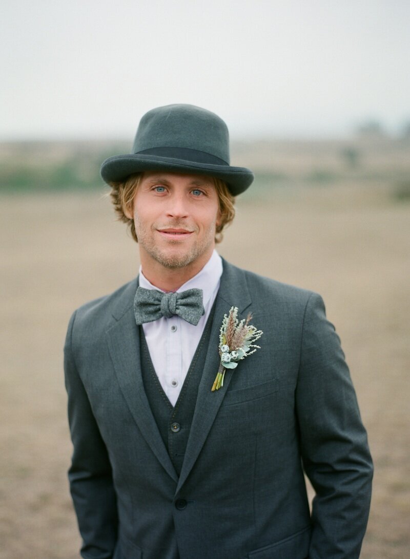 Bodega bay groom mens hat gray suit  boutonniere