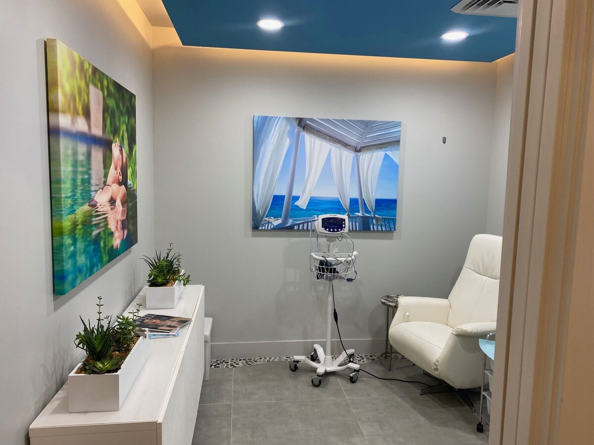 IV Therapy Room with breezy ocean image on wall