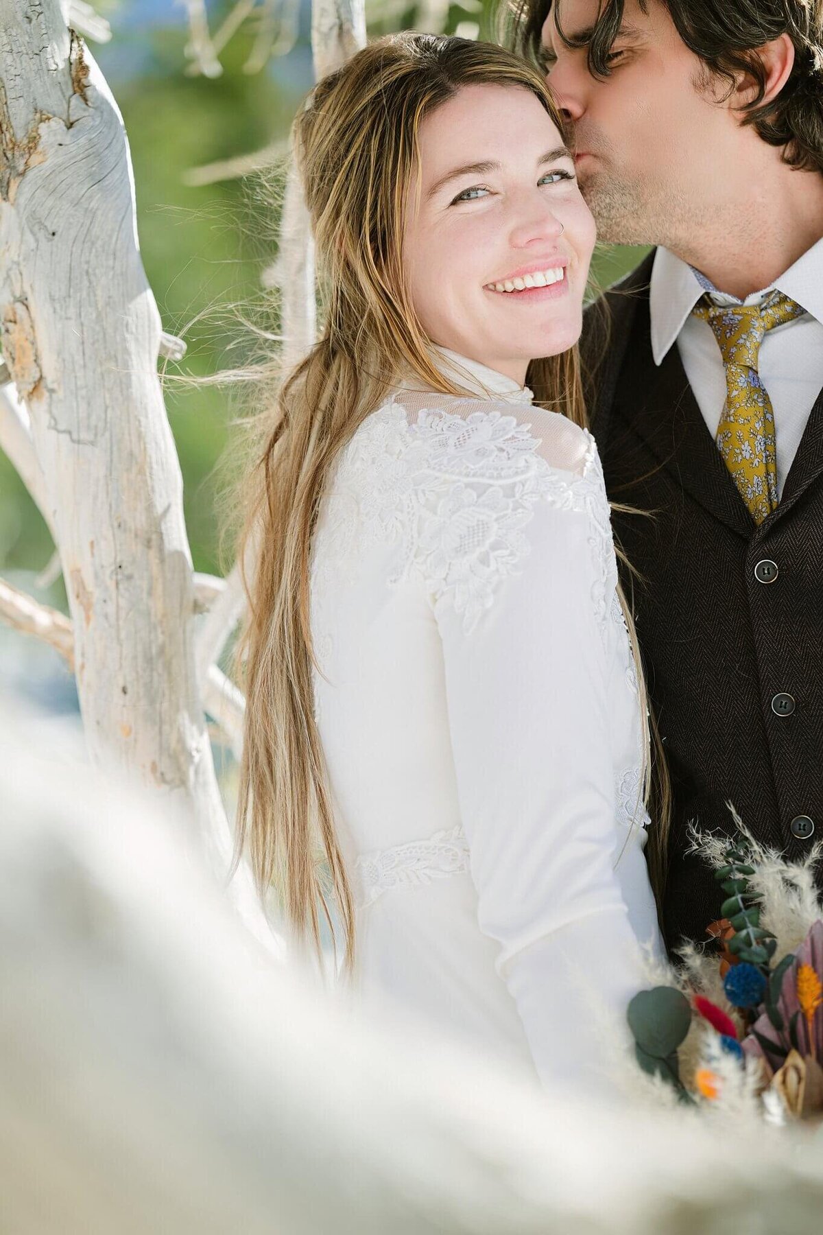 closeup of bride during portraits in winter elopement in tahoe outside