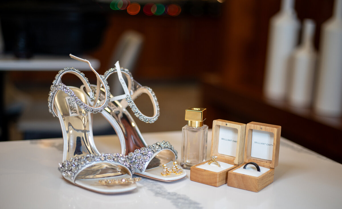 Silver wedding shoes and wedding rings