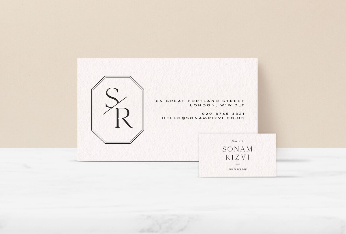 The Sonam Rizvi logo and brand mark on two cards