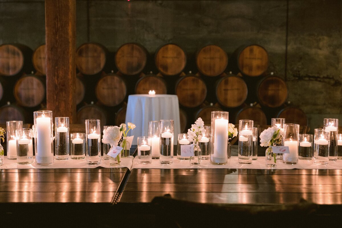 floating candles, pillar candles, bud vases, favors, wine barrels, vineyard