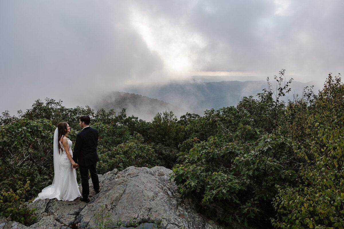 Newlyweds looking out over a mountain overlook together