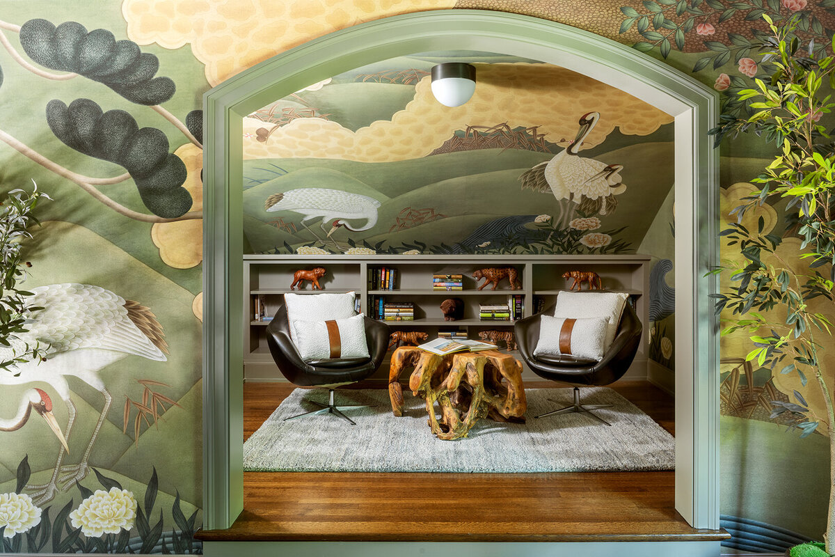 guest room with double arch entrance and geese wallpaper