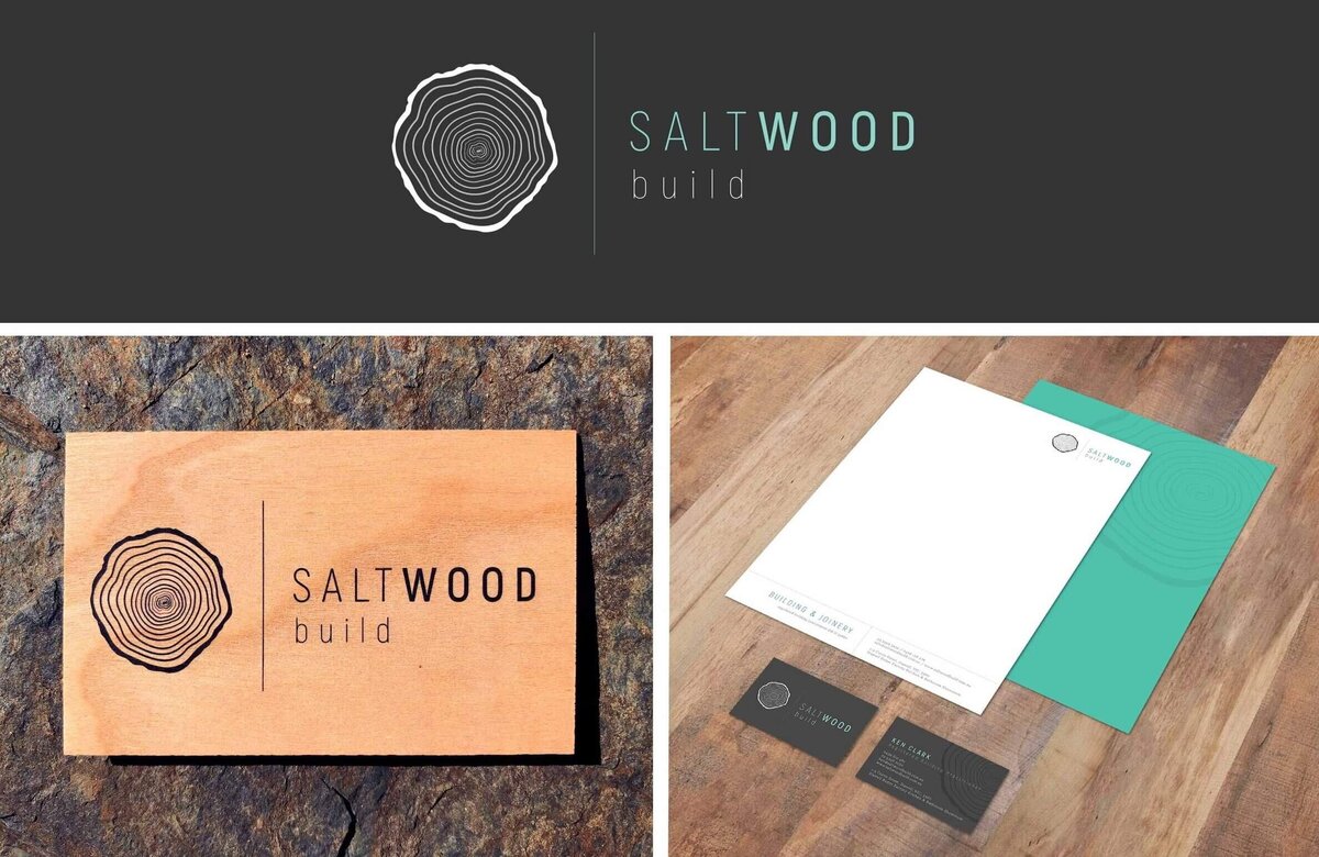 Modern branding design  for building company shown on wooden business card and stationary