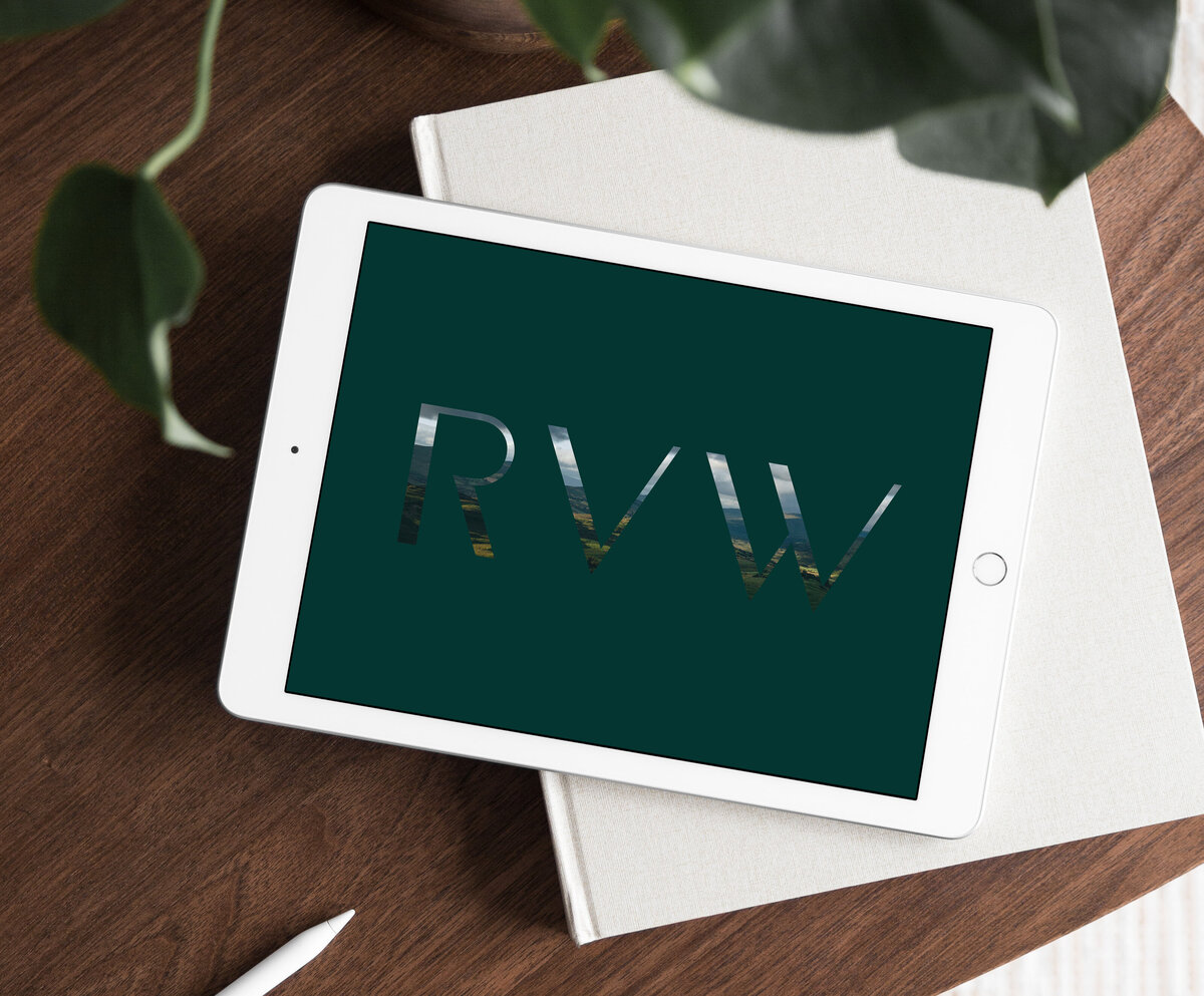 RVW monogram design for custom branding project, displayed on ipad.
