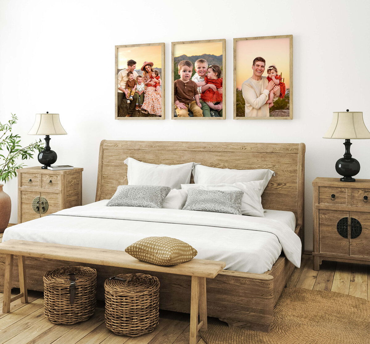 Rustic, midcentury modern bedroom with 3 framed prints by Cactus & Pine Photography