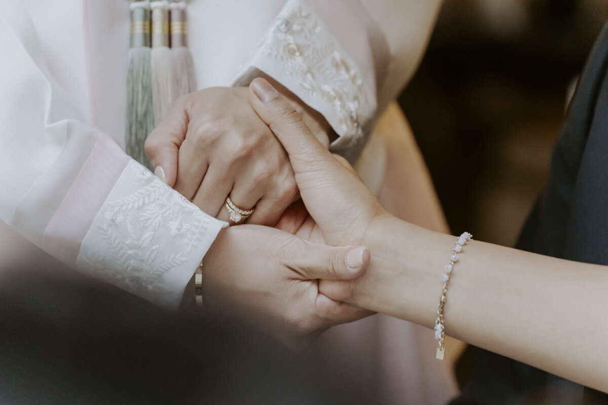 the bride's hands wearing her wedding ring