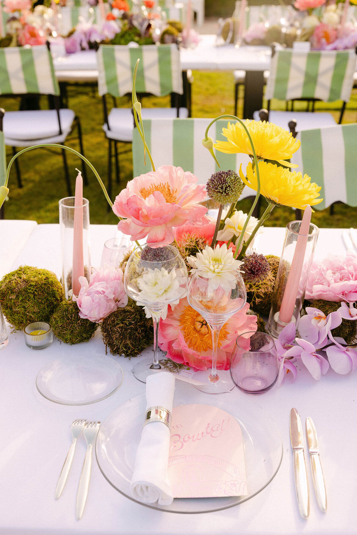 Closeup of the colorful florals of the wedding reception in VIlla Ephrussi.