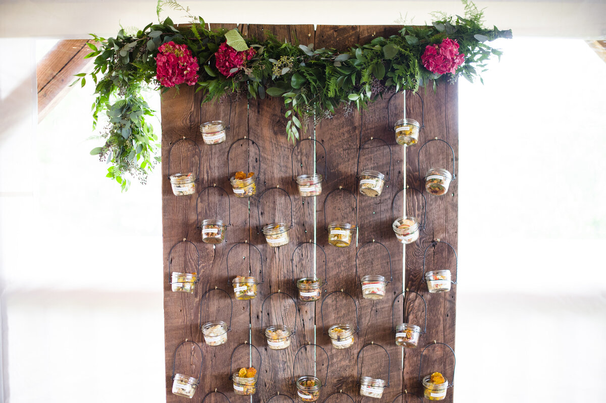 dessert triffle and miniature pie dessert display wall in mason jars at Willowbrook wedding venue