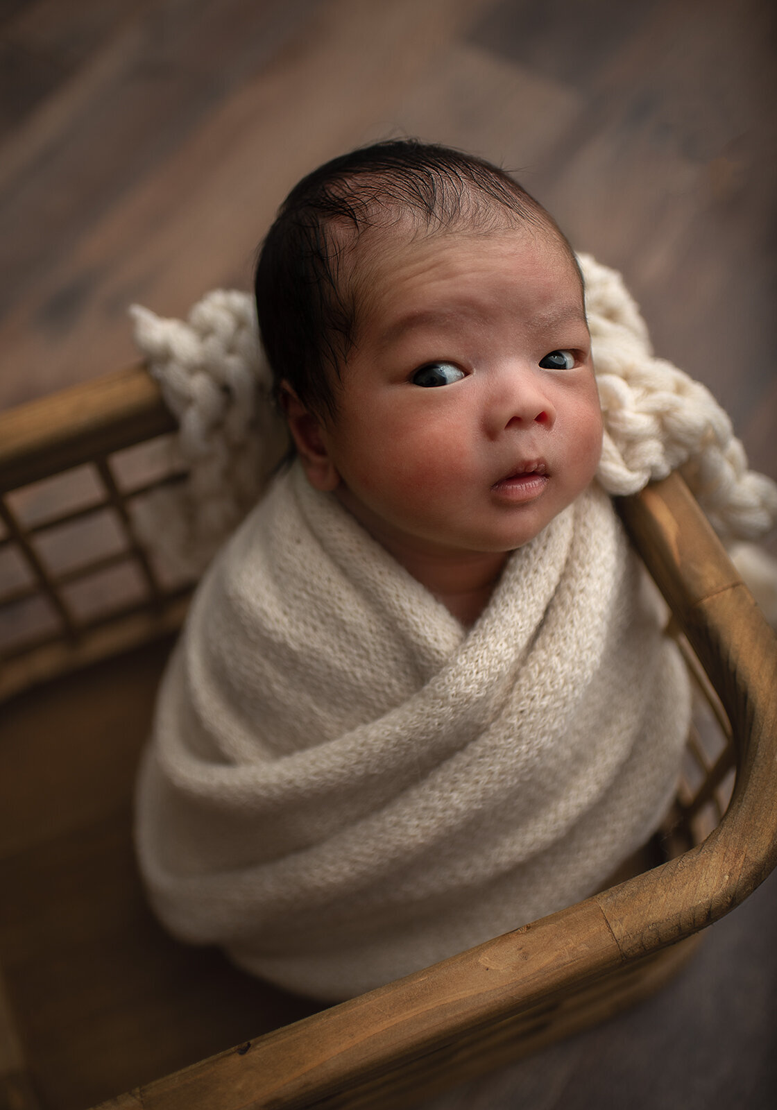 baby swaddled and in basket looking at camera at newborn photo session