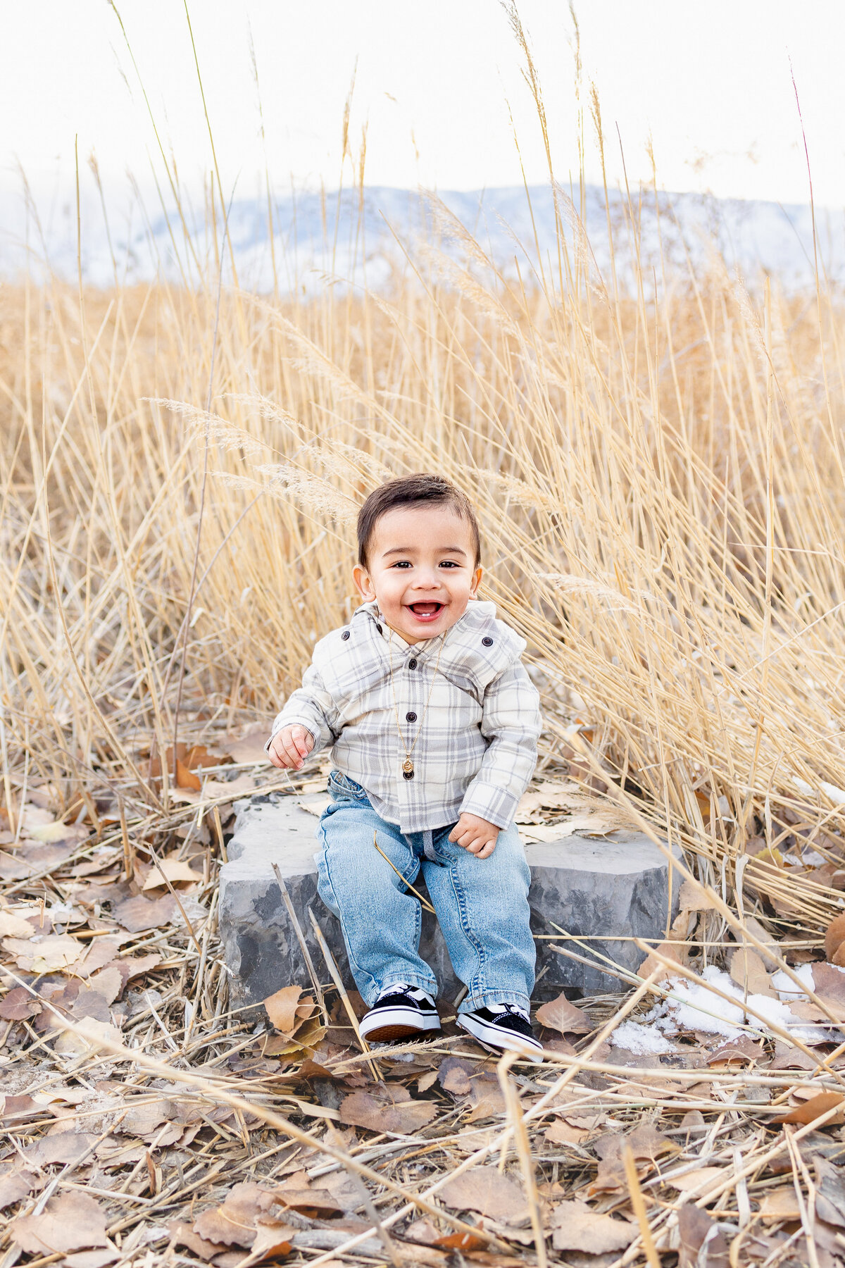 A baby in a plaid button-up shirt and jeans sits happily on a large rock, surrounded by dry golden grass, with an excited smile and bright eyes.