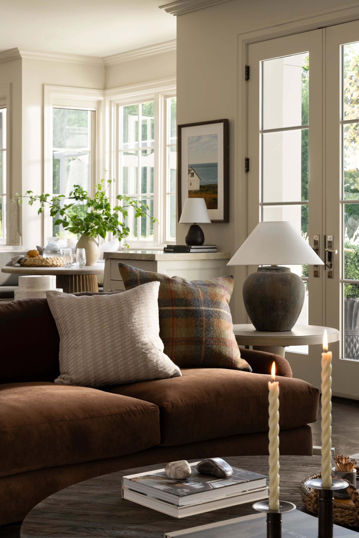 Transitional, moody and layered living room styling in Los Angeles with a Nancy Meyers aesthetic