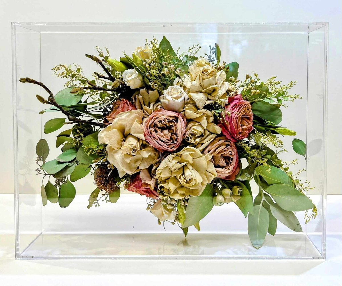 Preserved wedding bouquet in perspex keepsake