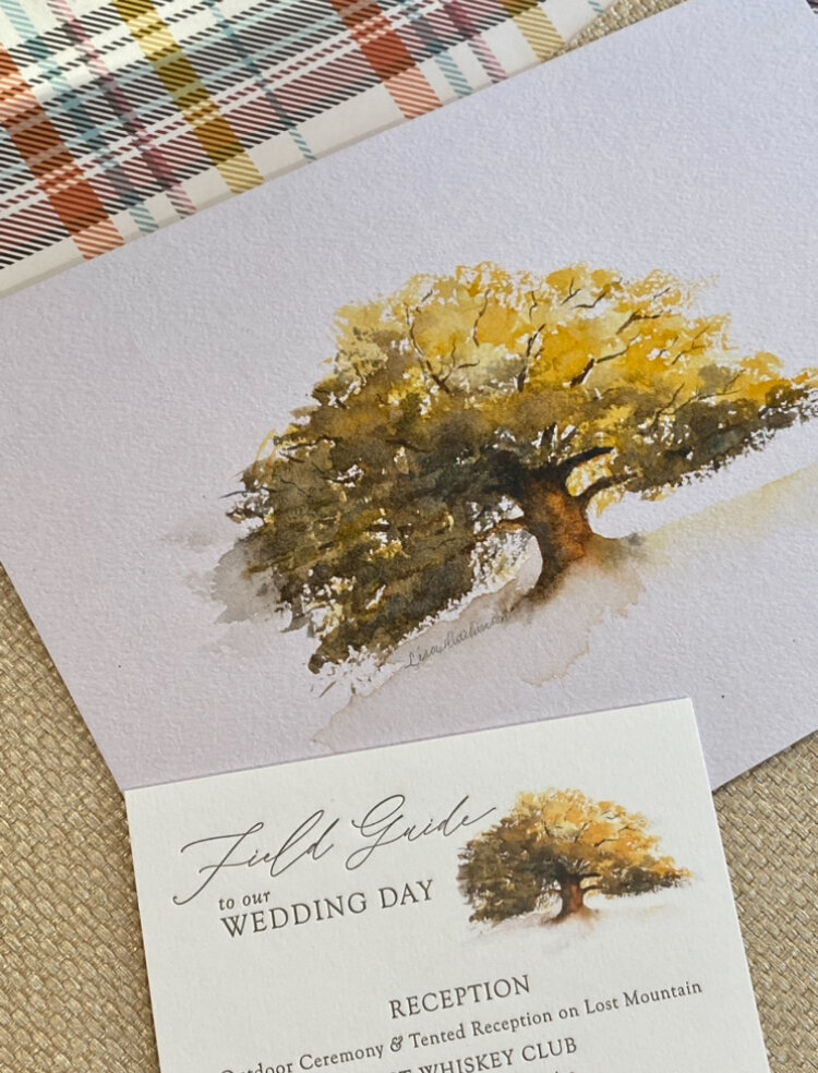 Custom watermarked portrait of a tree and custom wedding invitation calligraphy