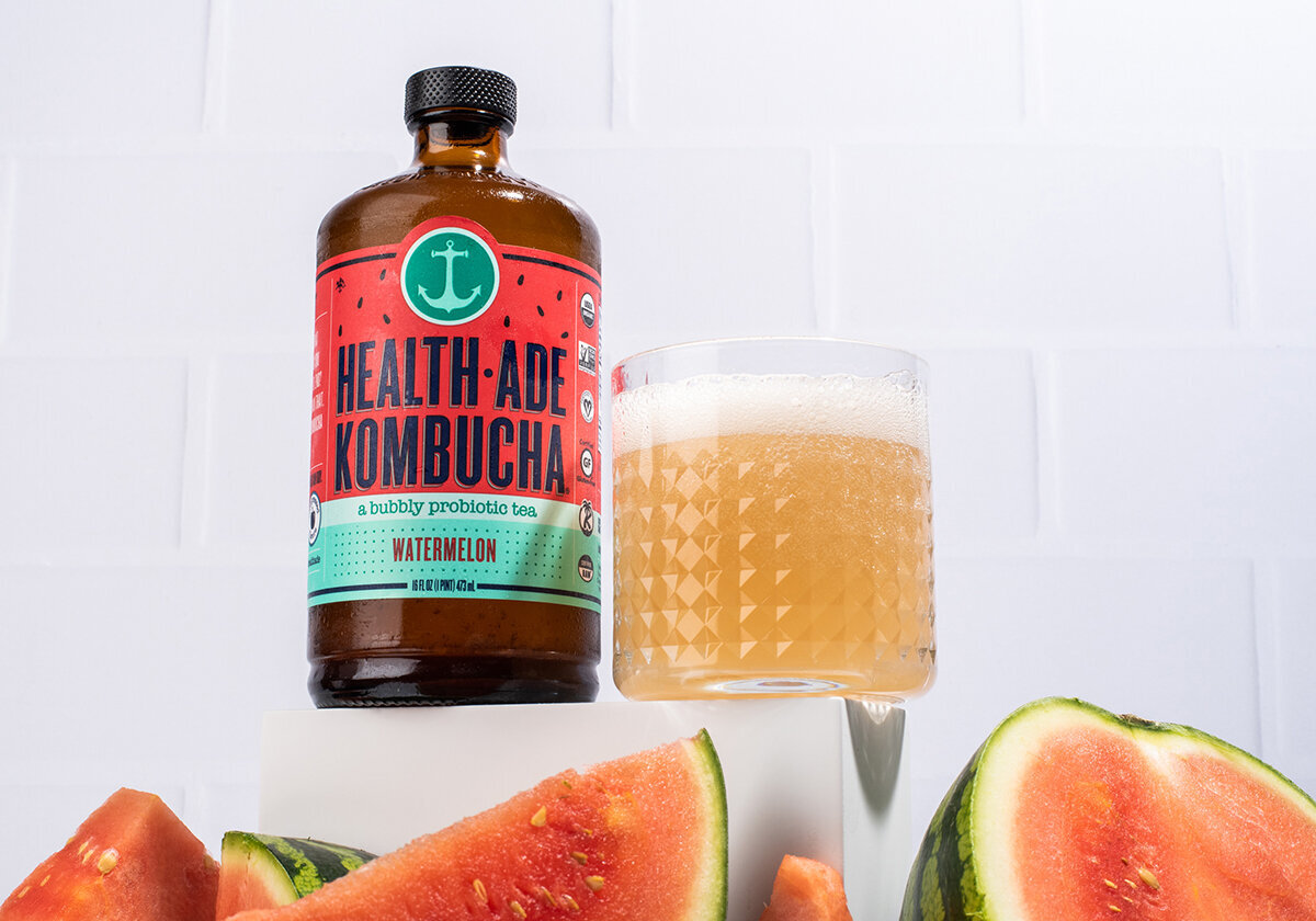 health-aide kombucha product photography watermelon flavor
