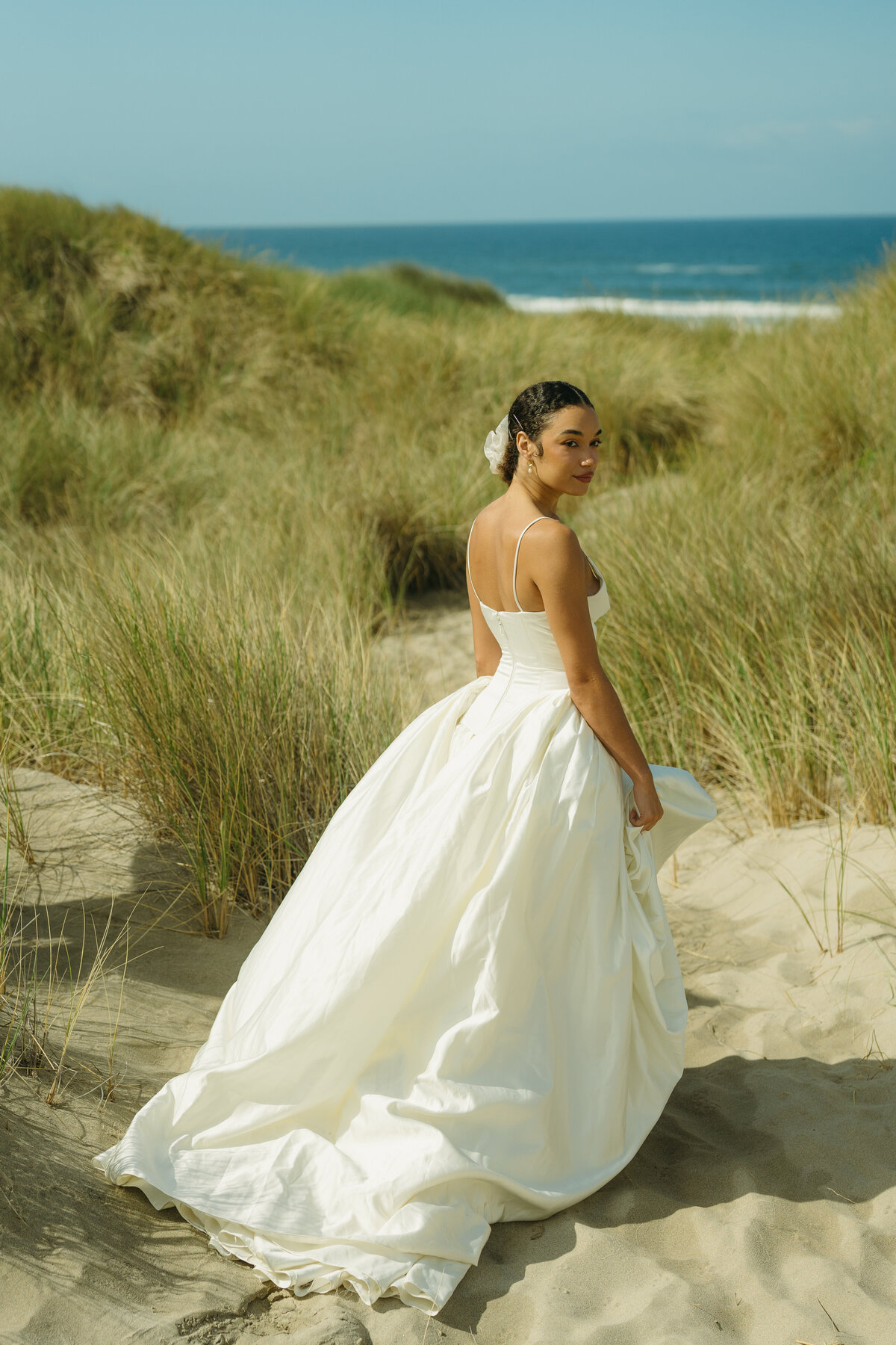 A bride at her oregon coast elopement. 