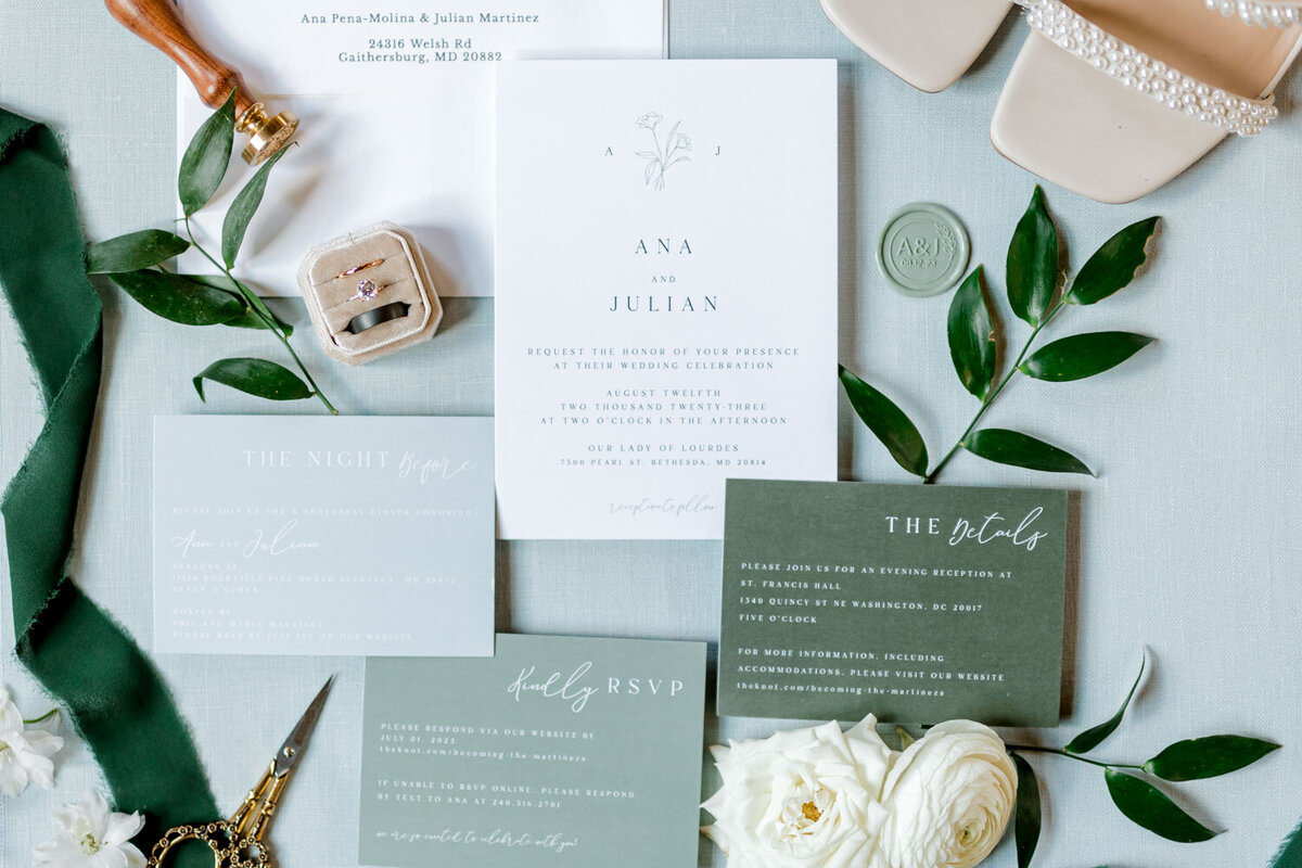 Wedding invitation suite with green accents