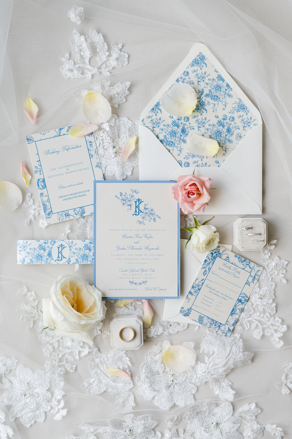 Flat lay of invitation suite for garden themed wedding.