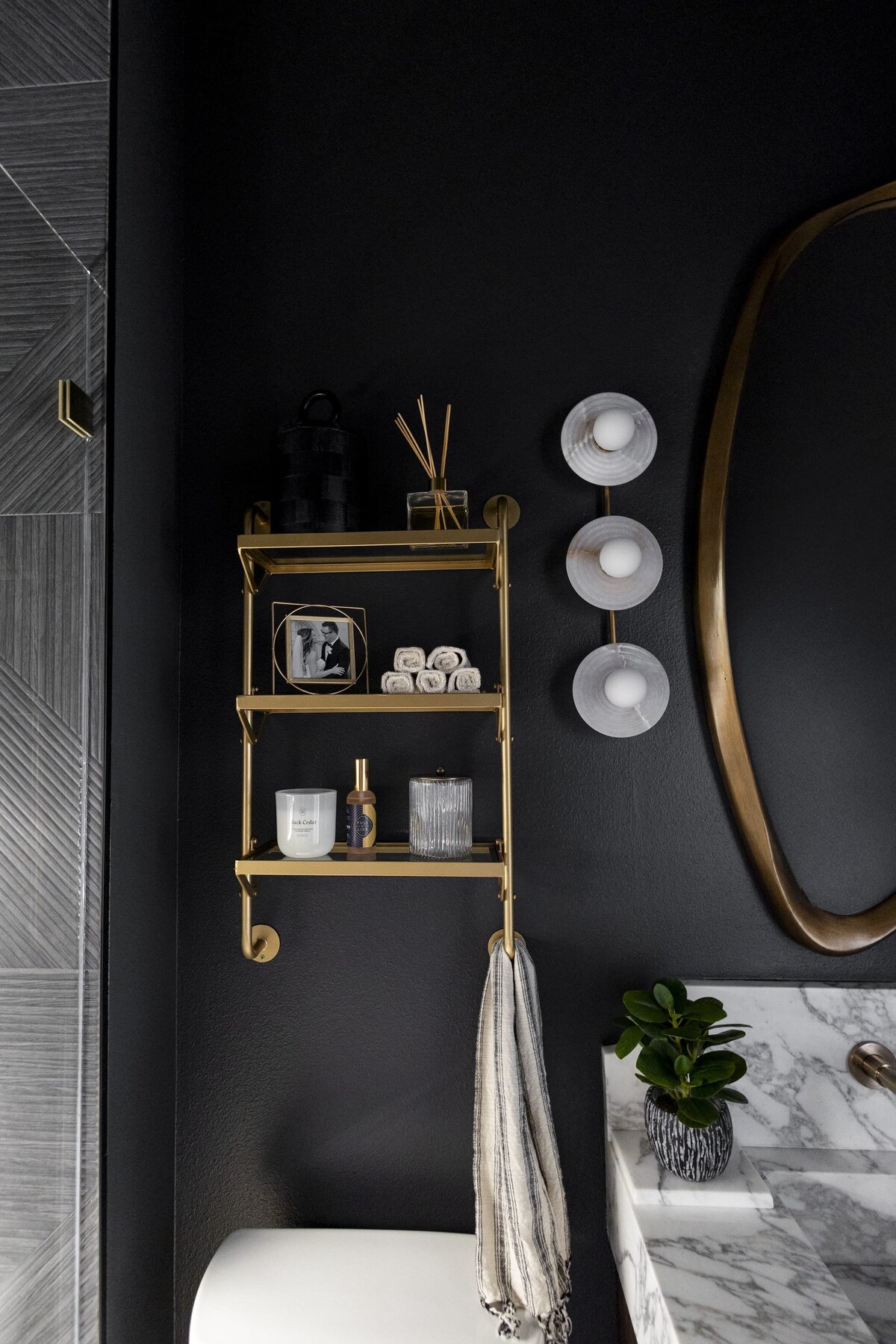 dewine design orlando interior designer contemporary coastal moody bathroom gold styled shelves