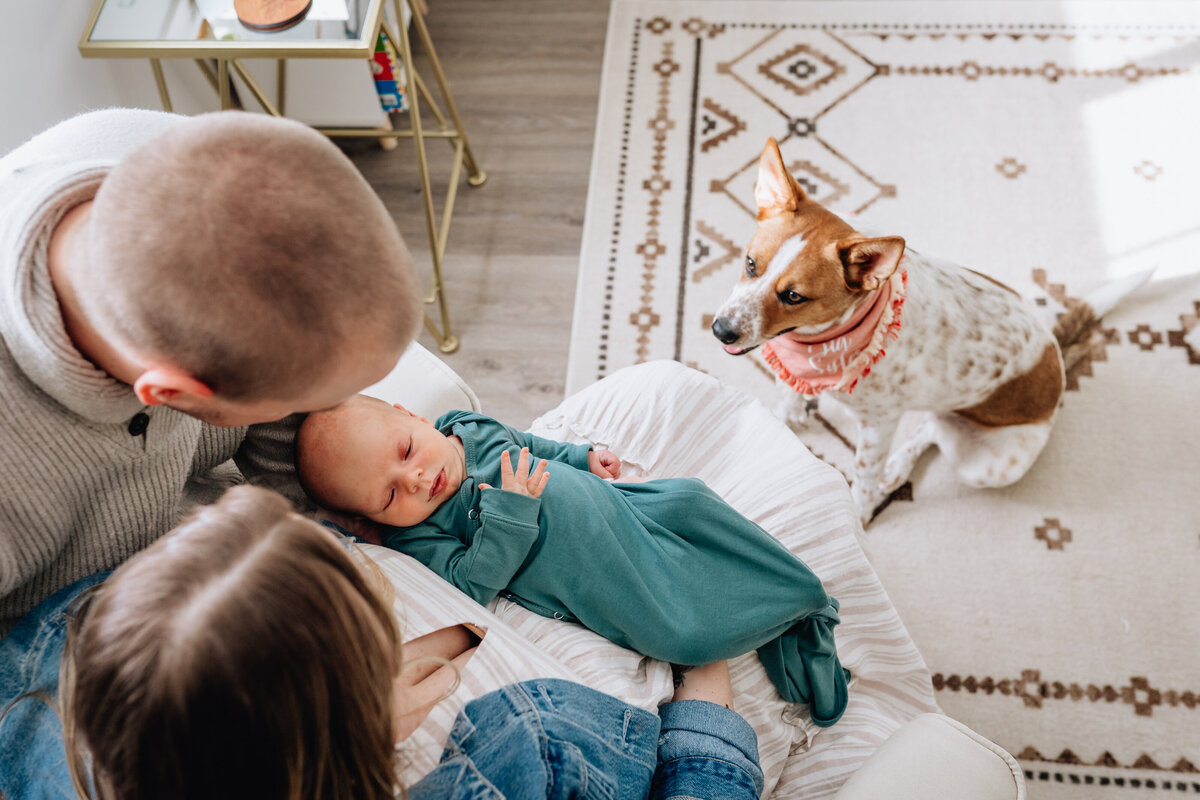 A top-down view of a father and mother sitting in a nursery, gazing down at their newborn who is dressed in a green onesie, while their dog sits nearby watching them.