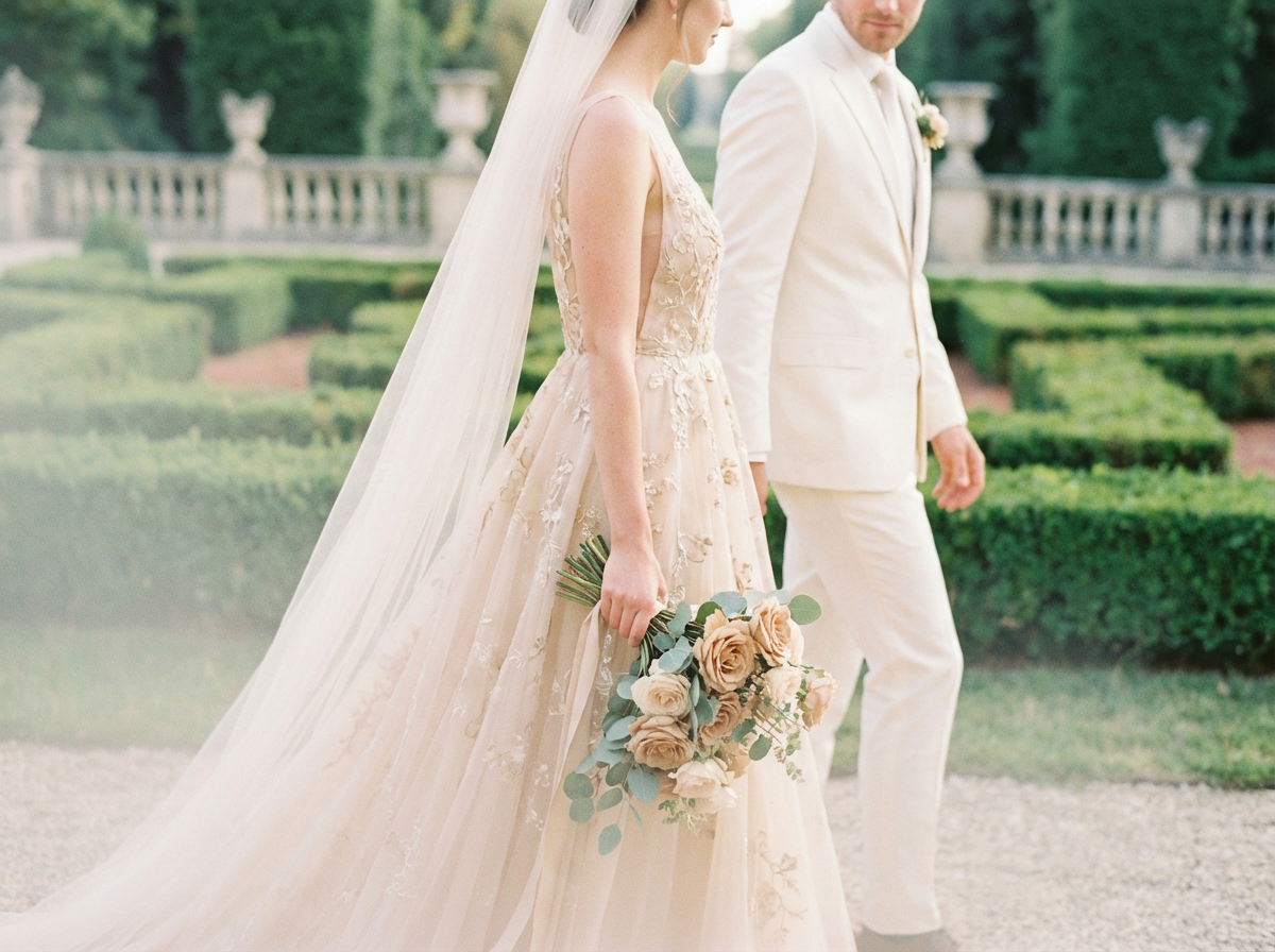 Firefly_Gemini Flash_Fine-art bridal photography shot on soft film stock. A luxurious outdoor scene at a g 639381