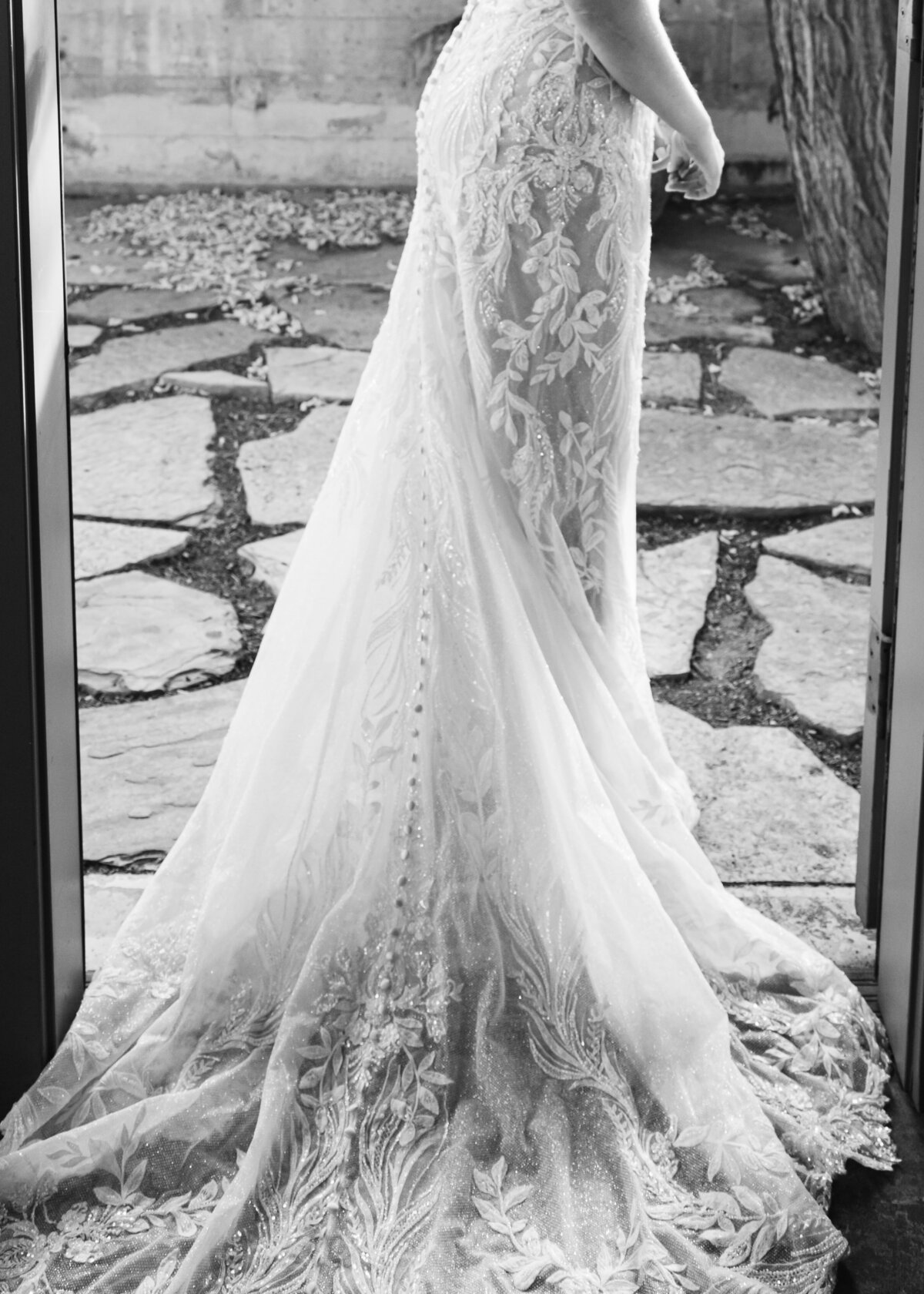 detail image in black and white bridal gown lace