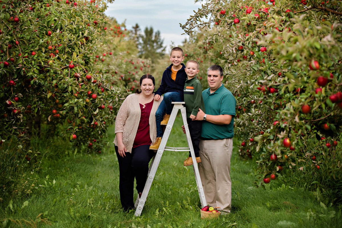 mom and dad with their two sons on a white ladder in an apple orchard for their fall family photography session in Burlington, On
