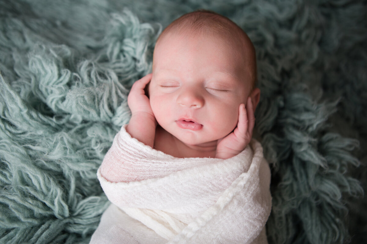 Newborn Baby Boy in White Wrap and Blue Background