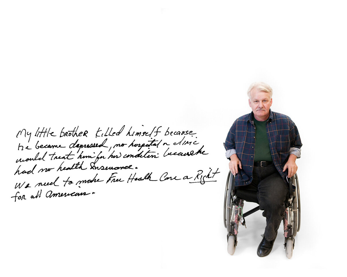A participatory photo project. A man in a wheelchair poses for studio shot against white backdrop. His handwriting is displayed next to image.