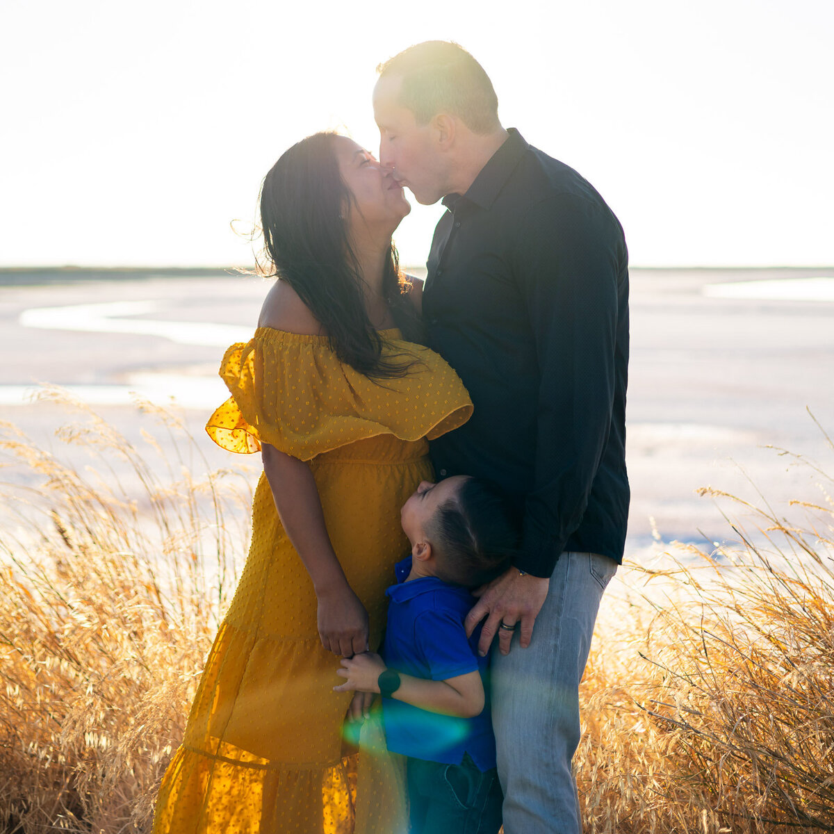 Bay Area Photographer Services family session at the salt flats with child on shoulders, Ellobelle Photography