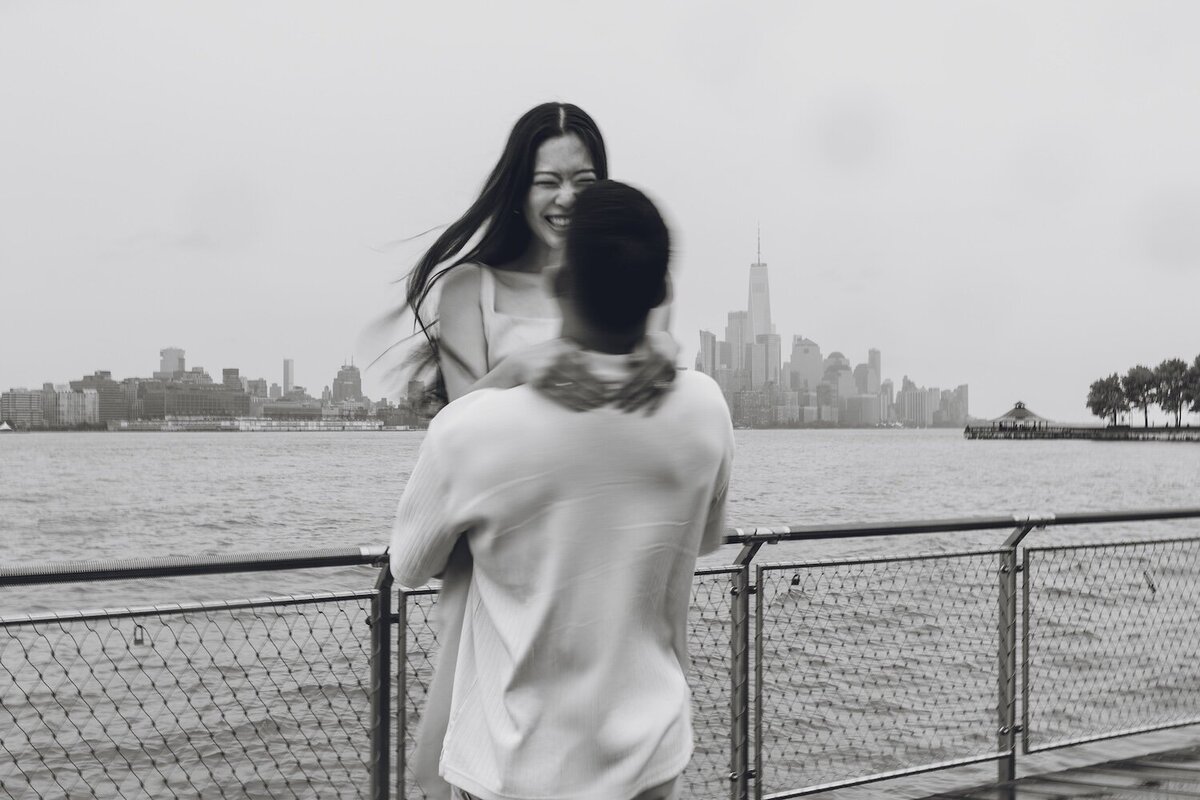 Black and white candid moment at Hoboken pier