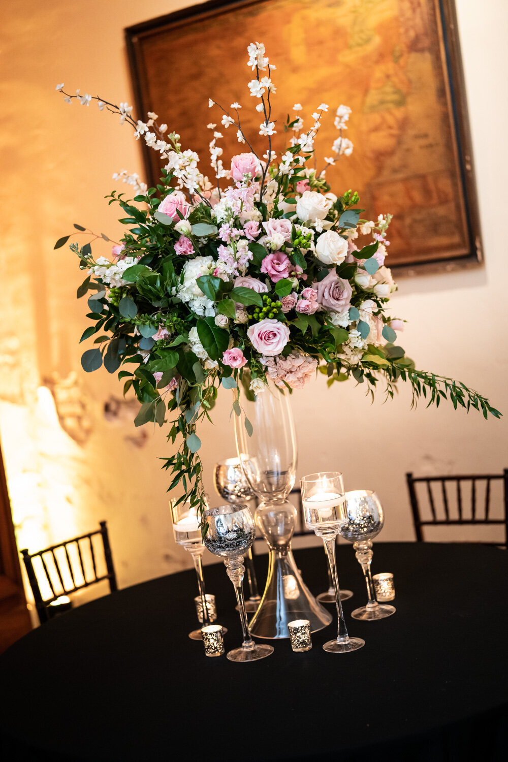 Table centerpiece with candles at Latrobes